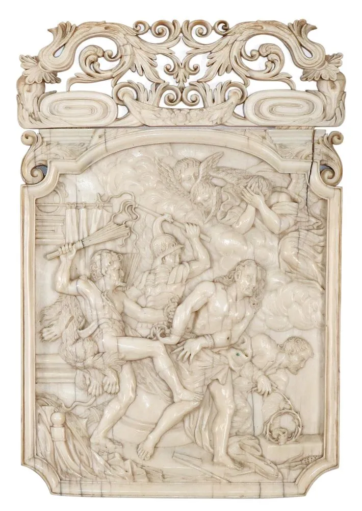 Chemin de croix du Christ. – Panneau mural en ivoire avec fin relief