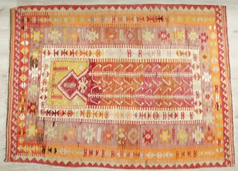 Kelim Anatolie – Ancien tapis de prière en orange et rouge chauds
