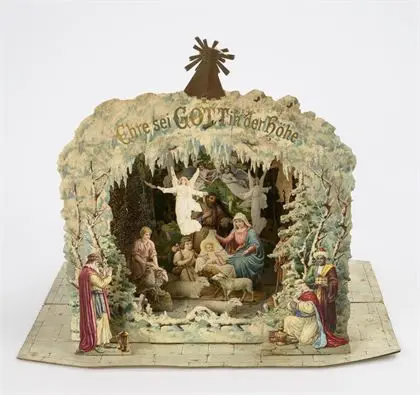 Grande crèche en papier dépliable avec roue de pyramide. Crèche Excelsior, éditeur Carl Hirsch, Constance