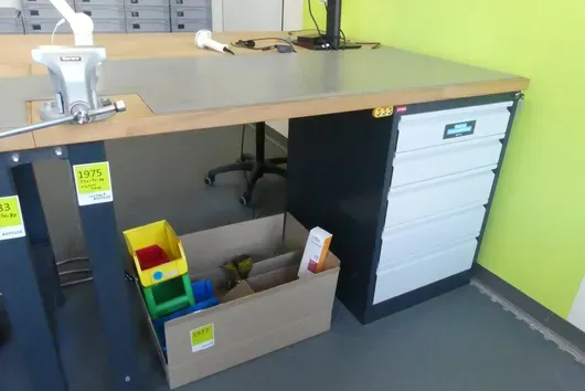 Workbench with workshop drawer cabinet, with vise and contents of the cabinet