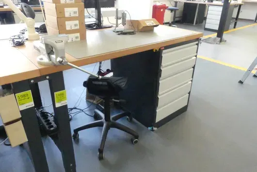 STIER workbench with stocked drawer cabinet, vise and stool