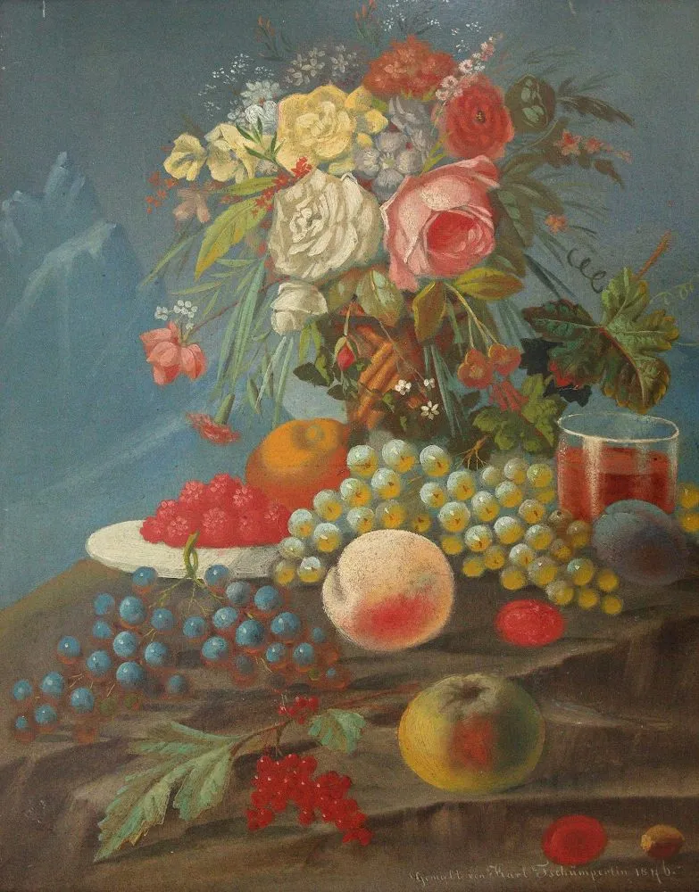 Blumenstillleben. – Strauß mit Früchten, Feldblumen u
