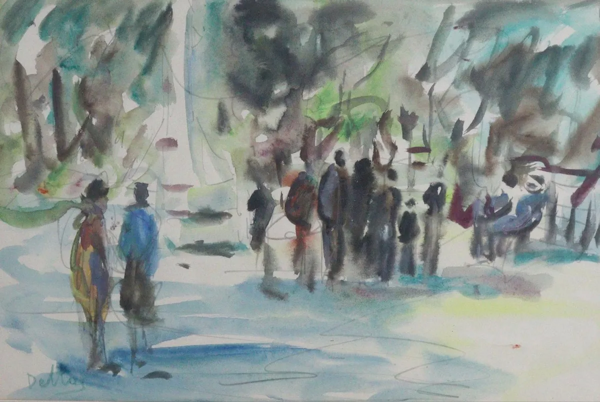 Parklandschaft mit Silhouetten. – Aquarell u