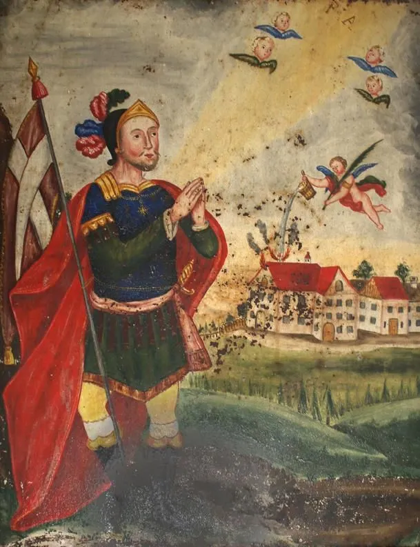 Sv. Florián – Patron požární ochrany před hořícím dvorem, který hasí putto