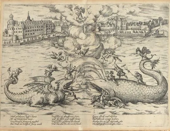 Düsseldorf. – Vue générale sur le Rhin avec combat simulé au premier plan avec dragons et baleine