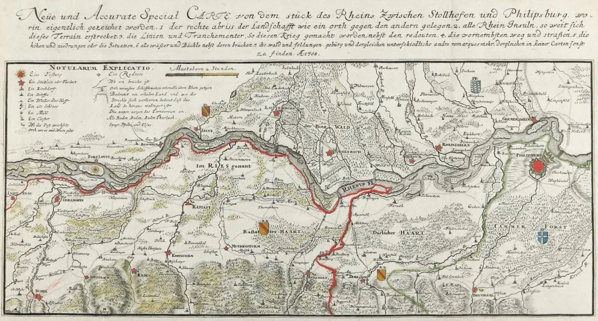 Rheinlauf. – Neüe und Accurate Special Carte von dem Stück des Rheins zwischen Stollhofen und Philipsburg, worin eigentlich