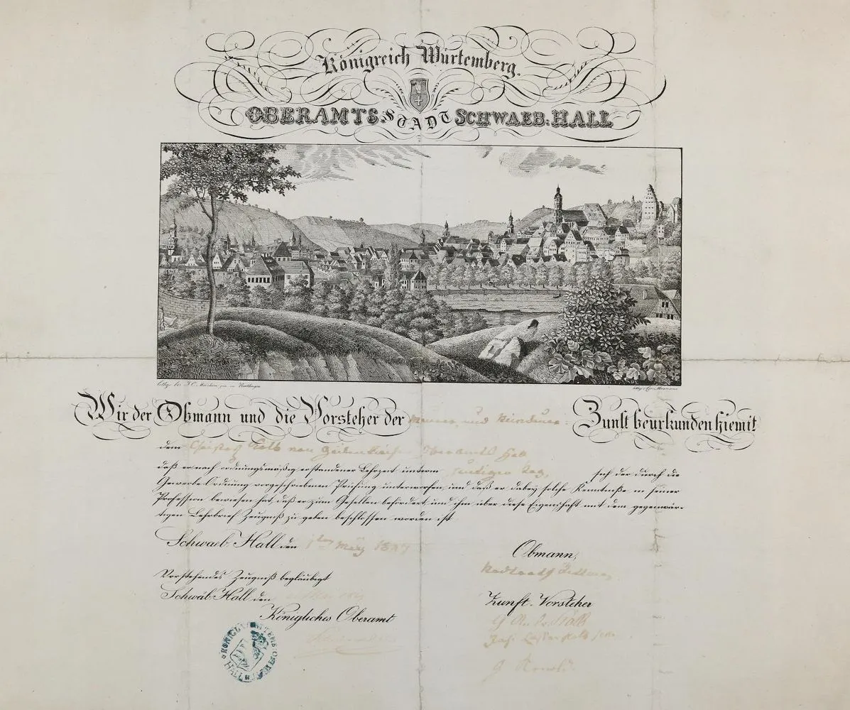 Schwäbisch Hall. – Dyplom mistrzowski z 1887 r. cechu murarzy i kamieniarzy