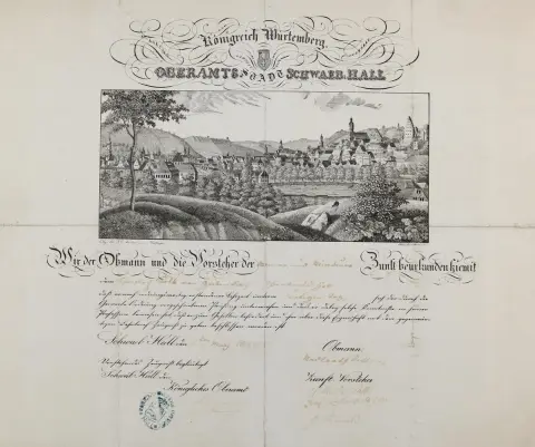 Schwäbisch Hall. – Dyplom mistrzowski z 1887 r. cechu murarzy i kamieniarzy