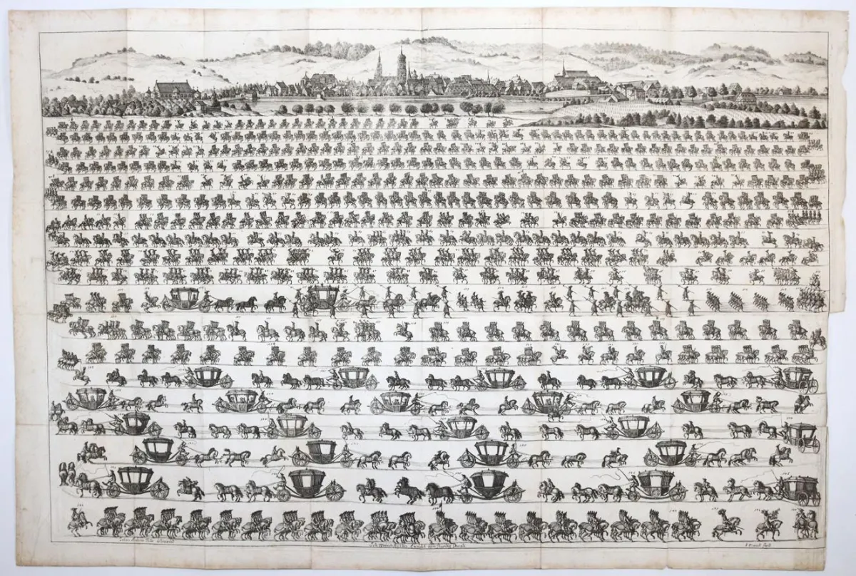 Stuttgart – General view (without title) from the north with Seegassen and Büchsentor (8 cm high), below in 19 rows the procession