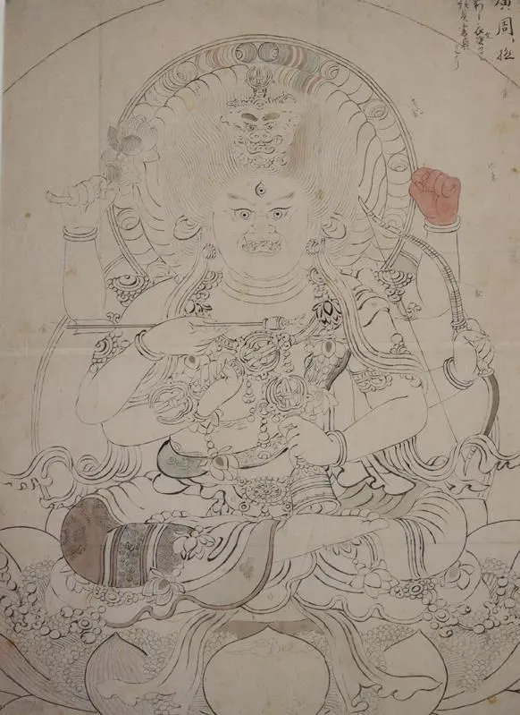 Mahakala. – Dessin de la divinité protectrice bouddhiste à 6 bras