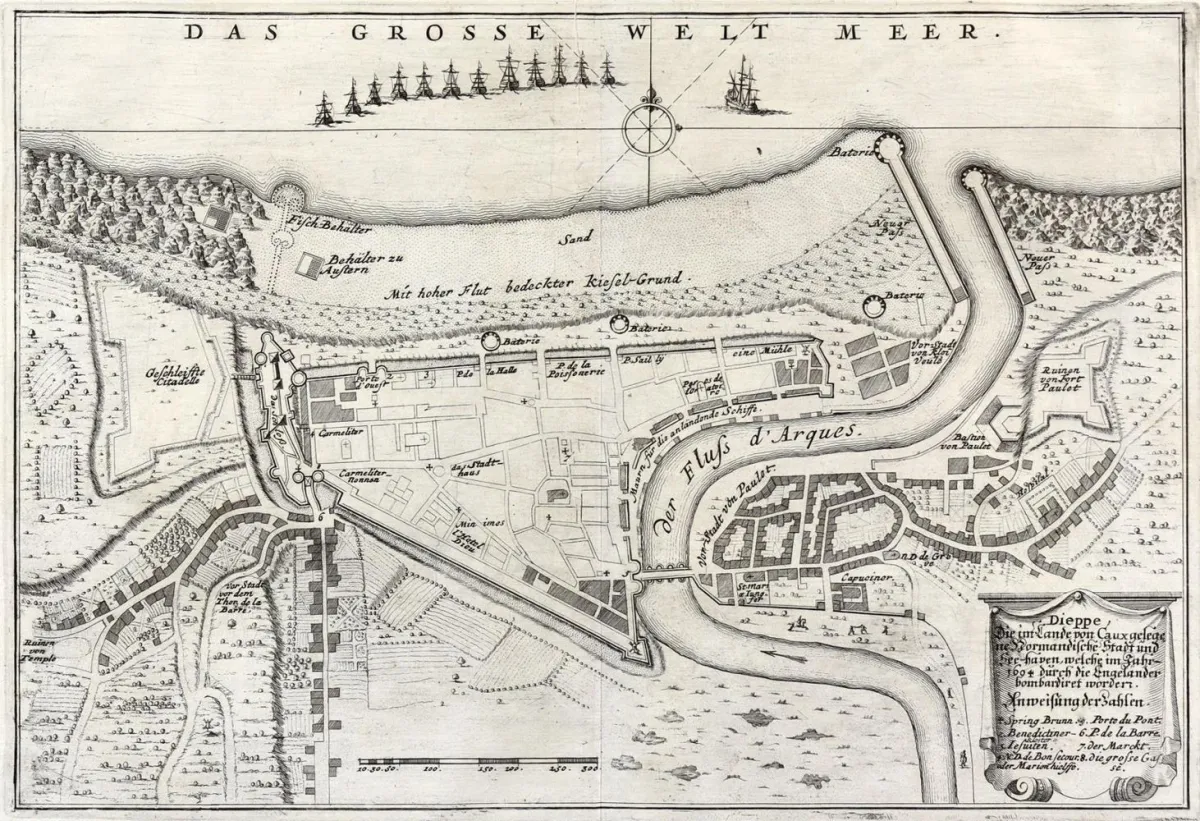 Dieppe. – Dieppe, de Normandische stad in het Pays de Caux en zeehaven, in 1694 gebombardeerd door de Engelsen