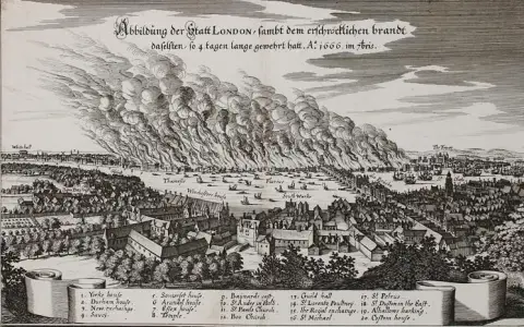 London. – "Abbildung der Statt London, sambt dem erschröcklichen brandt daselsten (!), so 4"