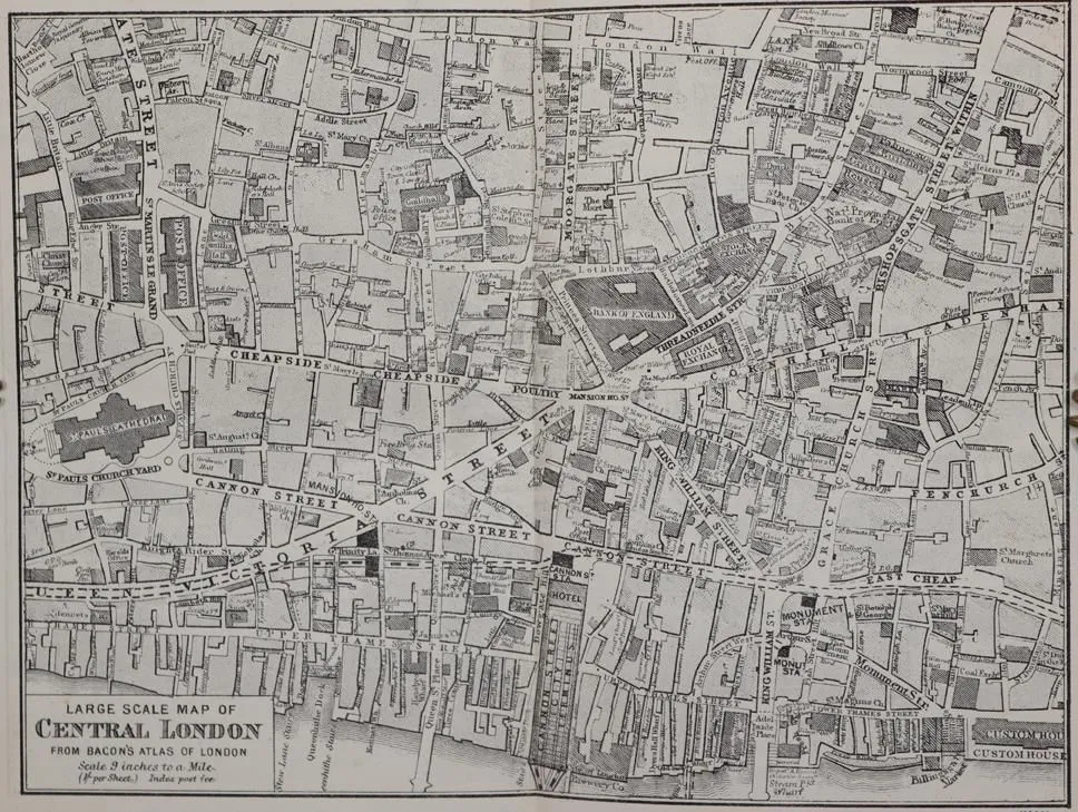 Bacon,C. – Bacon's New Map of London, divided into half mile squares and circles, scale four inches to the mile