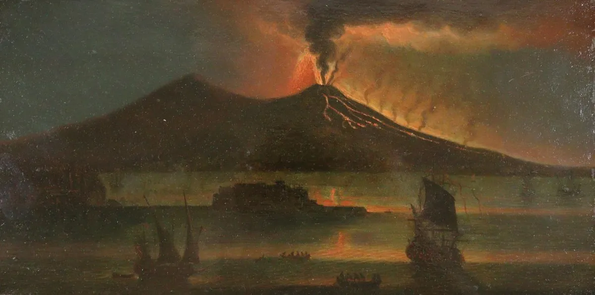 Vésuve. – Navires dans le golfe de Naples avec vue sur le Vésuve en éruption