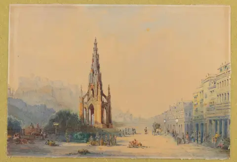 Edinburgh. – Scott Monument in front of the castle