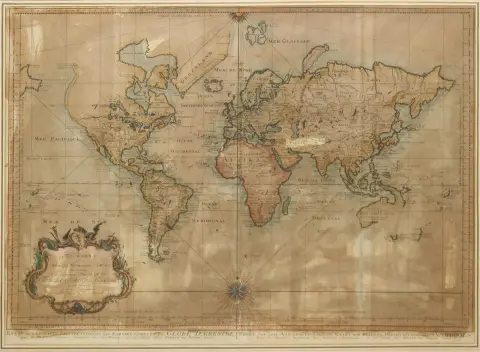 World map. – "An Essay of a New and Compact Map containing the known Parts of the Terrestrial Globe.."