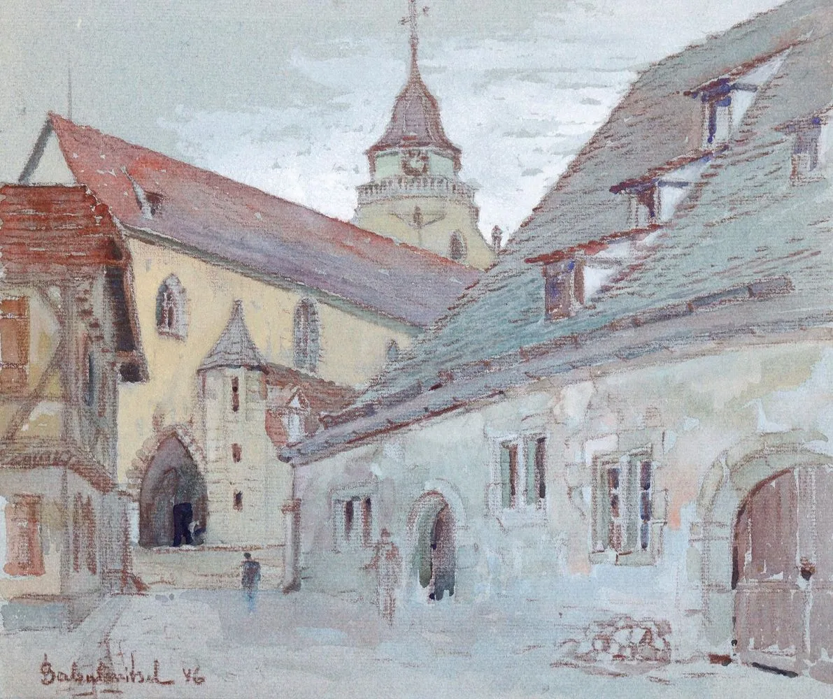 Dorfkirche – mit alten Häusern (1946)