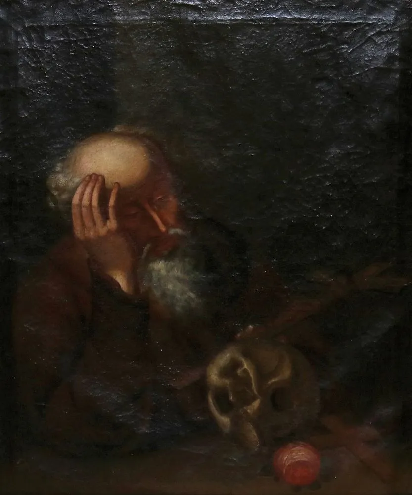 Jérôme. – Saint Jérôme en ermite méditant avec croix, fleur et crâne, huile sur toile