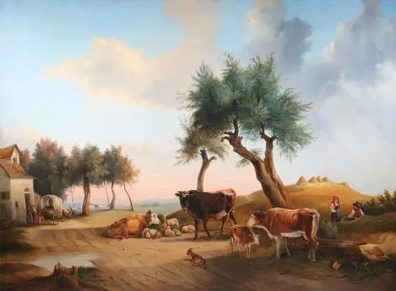 Kontzmann, Gustav (attr.) – Dorpsscène met koeien en schapen in de middaghitte