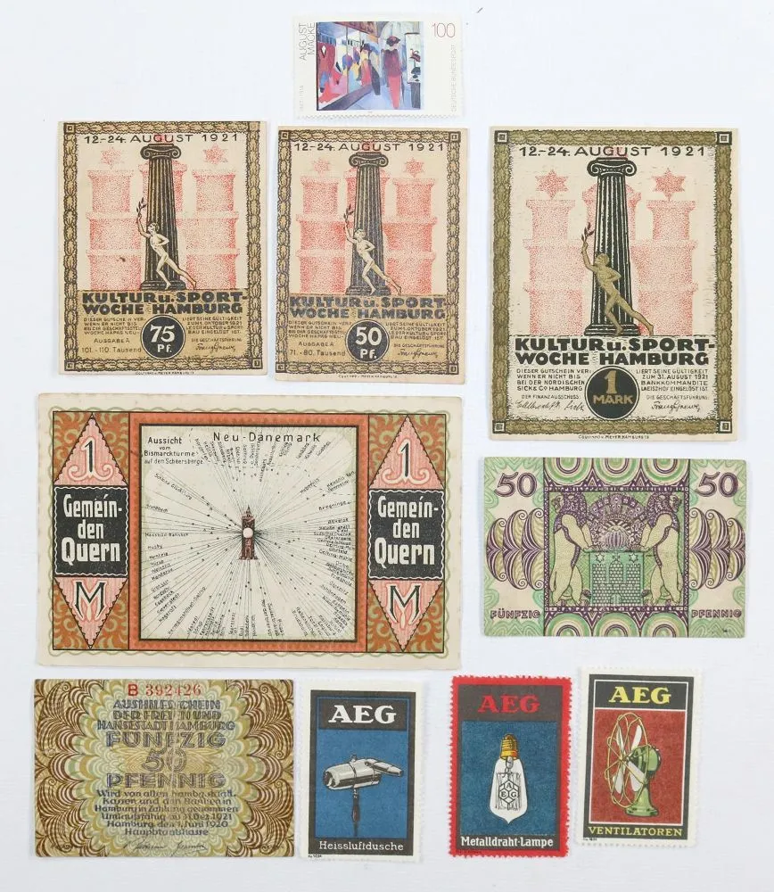 Lot – Composé de : 10 marques publicitaires, dont 3 marques AEG d'après des dessins de Peter Behrens