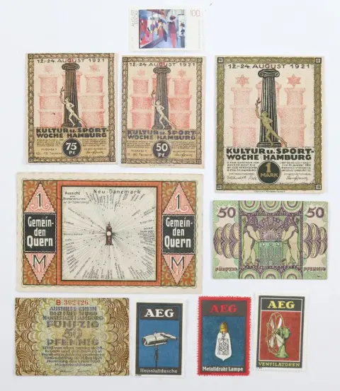 Lot – Composé de : 10 marques publicitaires, dont 3 marques AEG d'après des dessins de Peter Behrens