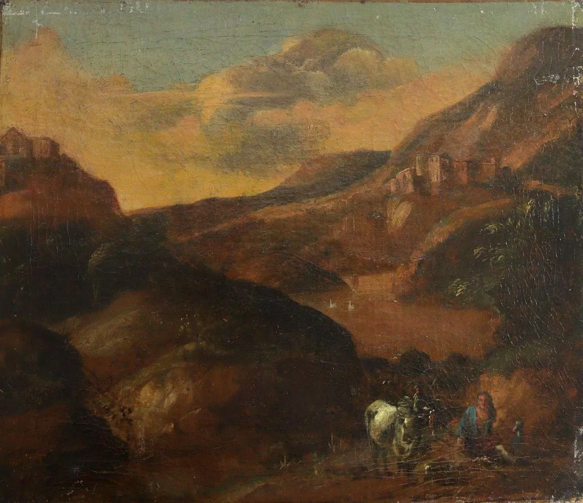 Rastende – Hirtin in südlicher Berglandschaft, mit Hund, Kuh und Schwänen