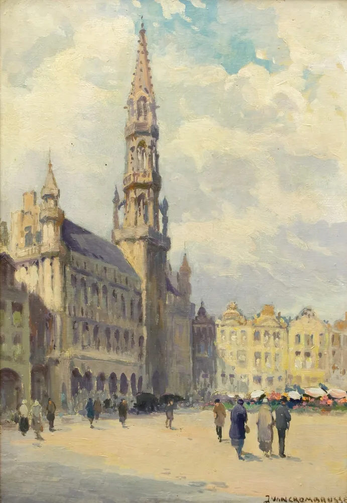 Crombrugge, Jean van (1890 Schaarbeek - 1956, actief in Brussel) – Grote Markt in Brussel met het beroemde stadhuis en toren