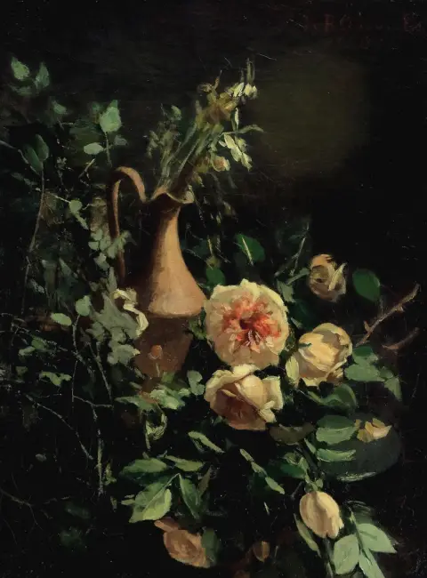 Es, Cina van (1849 Terschelling/NL - 1891 La Haye) – Nature morte aux roses avec cruche