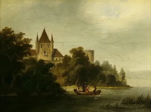 Faustner, Leonhard (1815 Munich - 1884 ibid.) – Château au bord de l'eau avec personnages dans une barque