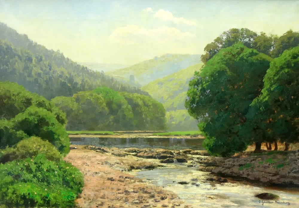 Günther-Naumburg, Otto (1856 Naumburg/Saale - 1941 Berlin) – Summer landscape with hills and river, probably Thuringia