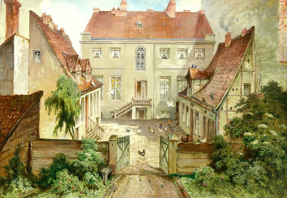 Hartmann, Theodor (peintre du 19e s.) – Cour arrière berlinoise avec poules