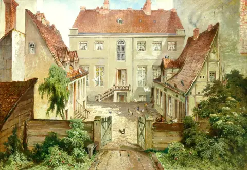 Hartmann, Theodor (peintre du 19e s.) – Cour arrière berlinoise avec poules