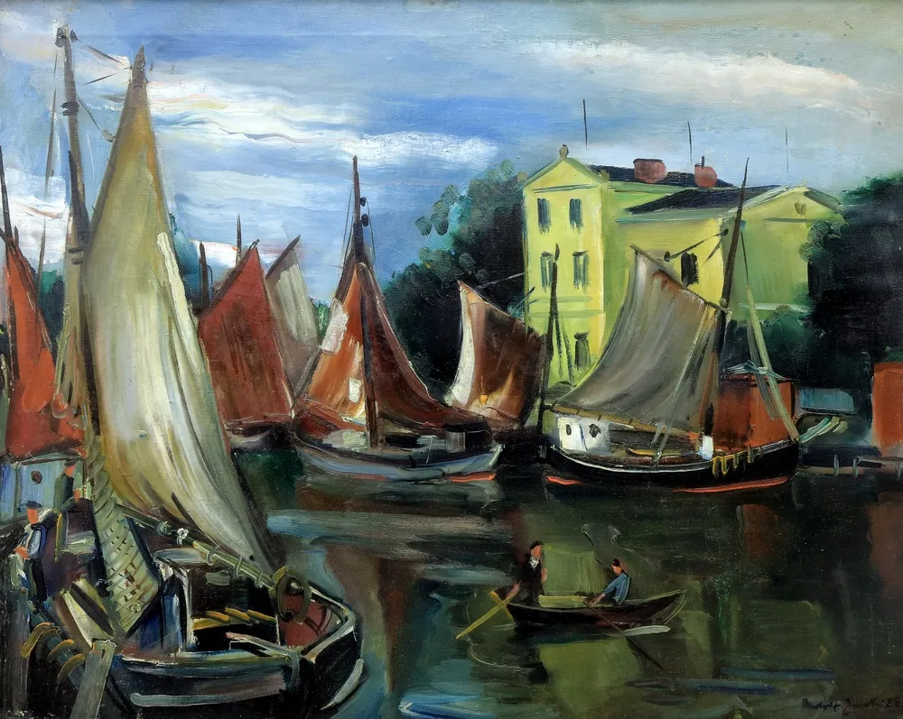 Jacobi, Rudolf (1889 Mühlhausen/Thüringen - 1972 München) – In de haven van Warnemünde, Rostock, met talrijke zeilboten