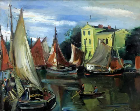 Jacobi, Rudolf (1889 Mühlhausen/Thuringe - 1972 Munich) – Au port de Warnemünde, Rostock, avec de nombreux voiliers