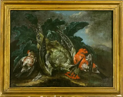Nature morte de chasse, pendants, baroque, 18e s. Deux peintures, chacune avec trois oiseaux dans un paysage