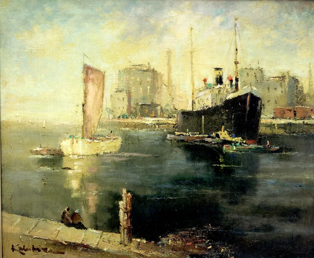 Kalnroze, Valdis (1894 Kuldiga, Provinz Kurzene (jetzt Lettland) – - 1993 Riga) Schiffe im Hafen, wohl Riga