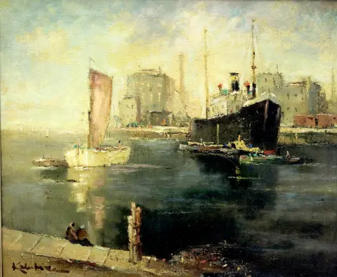 Kalnroze, Valdis (1894 Kuldiga, province de Kurzeme (aujourd'hui Lettonie) – 1993 Riga) Navires dans le port, probablement Riga