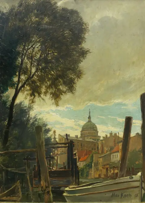 Koch, Max (1859 Berlin - 1930 Sacrow près de Potsdam) – Vue de Potsdam - Die alte Fahrt avec vue sur la Nikolaikirche (1917). Huile sur bois