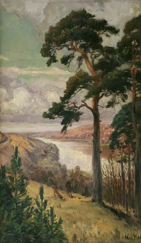 Koch, Max (1859 Berlin - 1930 Sacrow près de Potsdam) – Pins avec renardeau au soleil couchant