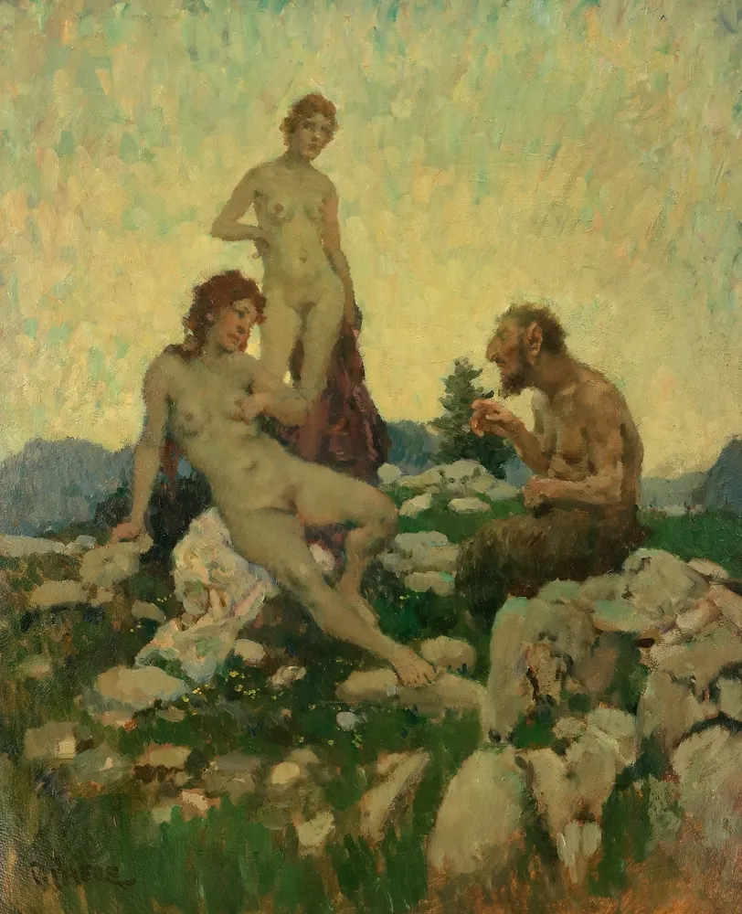 Paede, Paul (1868 Berlin - 1929 München) – Zwei Nymphen und Faun auf Felsen sitzend bei untergehender Sonne (L'après-midi d'un faune). Öl…