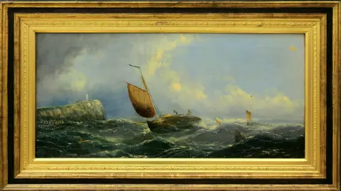 Robins, A. (peintre du 19e s.) – Paysage côtier avec bateaux