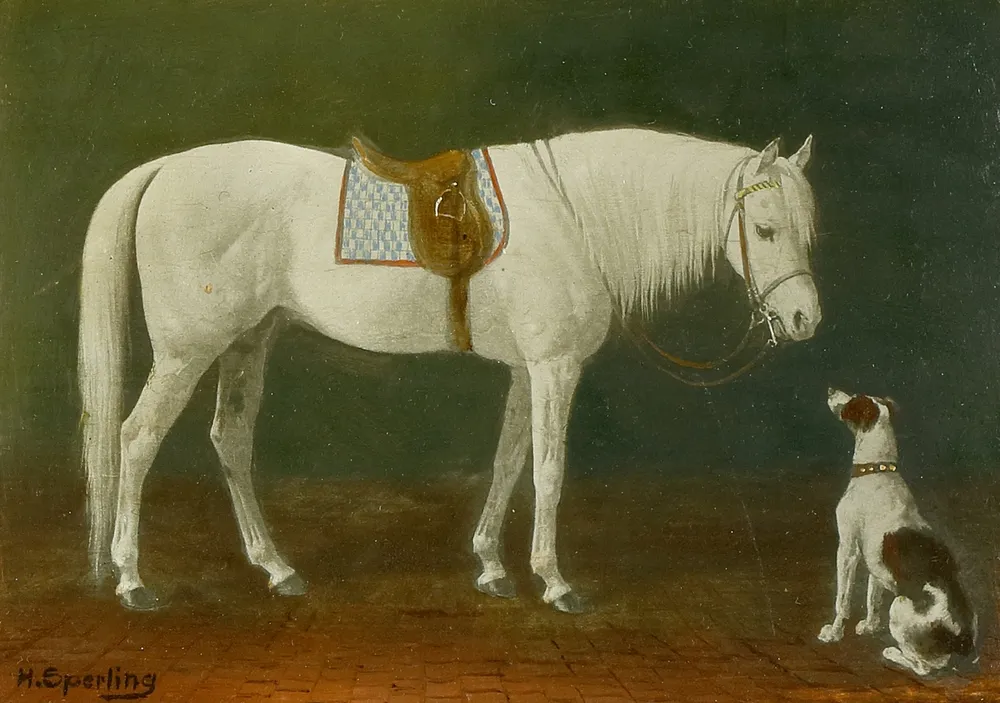 Sperling, Heinrich (1844 Warnkenhagen - 1924 Berlin) – Gesattelter Schimmel und Hund im Stall