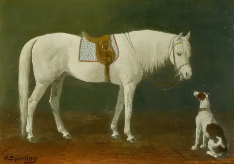 Sperling, Heinrich (1844 Warnkenhagen - 1924 Berlin) – Gesattelter Schimmel und Hund im Stall