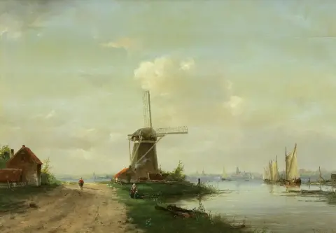 Stork, Jan (malíř 19./20. stol.) – Uferlandschaft mit Windmühle, kleinen Segelbooten und Personenstaffage