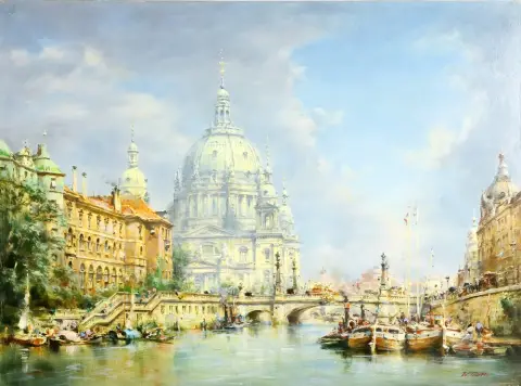 Tritt, Wolfgang (1913 Braunschweig - 1983 Berlín) – Berlín, pohled na Berlínský dóm a Sprévu, s četnými loděmi na břehu