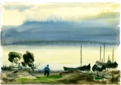Gelbke, Georg (1882 Rochlitz - 1947 Drážďany) – Pobřežní krajina s loďkami a postavou
