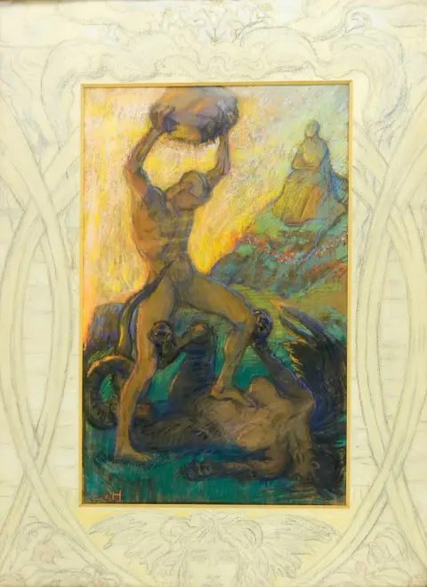 Hofmann, Ludwig von (1861 Darmstadt - 1945 Pillnitz) – Oidipus a Sfinga (?) Barevný pastelový křída