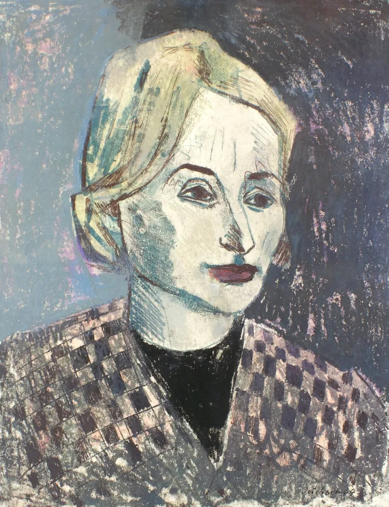 Jüchser, Hans (1894 Chemnitz - 1977 Drážďany) – Portrét mladé ženy (Christiane Greifenhagen). 1964. Monotypie, na rubu s…