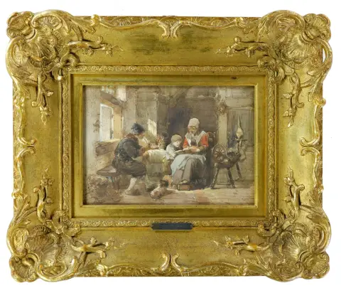 Kate, Herman Frederik Carlel ten (1822 Den Haag - 1891 tamtéž) – Selská jizba s kolovratem a ženou předčítající