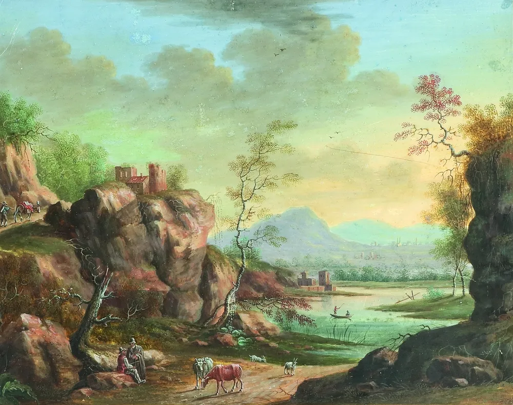 Landschapsschilder 18e eeuw, waarschijnlijk Duits – Uitgestrekt berglandschap met meer, oude gebouwen, figuren en dieren